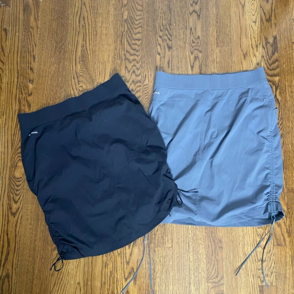 (2) pair Columbia Omni Shield Skirt black gray drawstring sides LG pockets